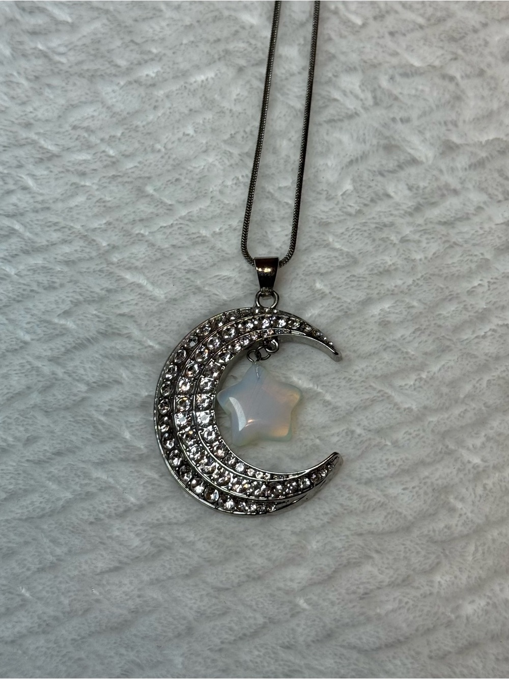 Opalescent Star & Crystal Crescent Necklace — Silver